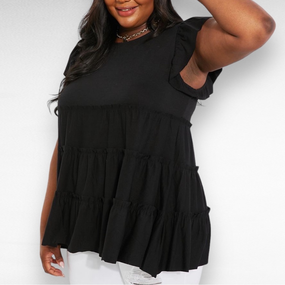 NEW ZENANA Plus Size Kissing in Kansas City Tiered Ruffle Top in Black